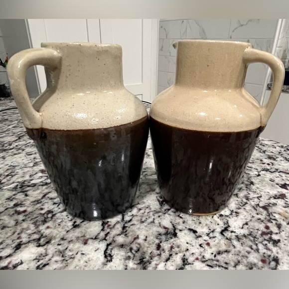 Two Antique Stoneware Cream/Brown Crock Rustic Farmhouse Milk Pitcher 6” - Picture 10 of 11